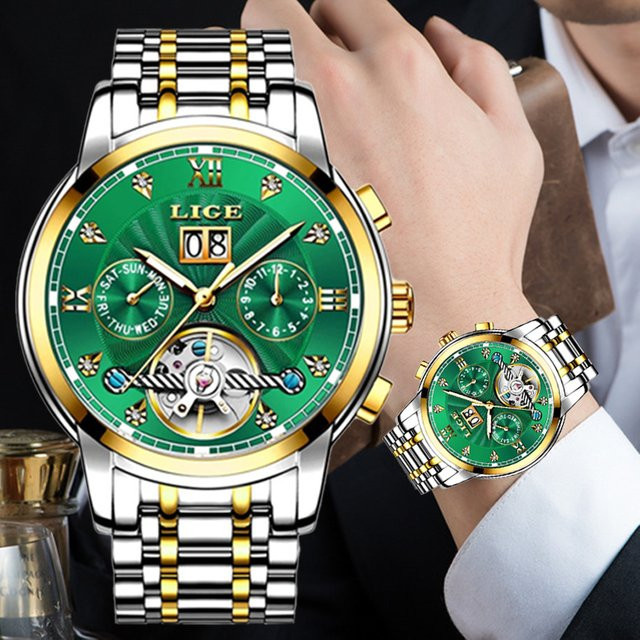 Lige Armbanduhr Automatik, Edelstahl, Grün, Herren - Bild 1