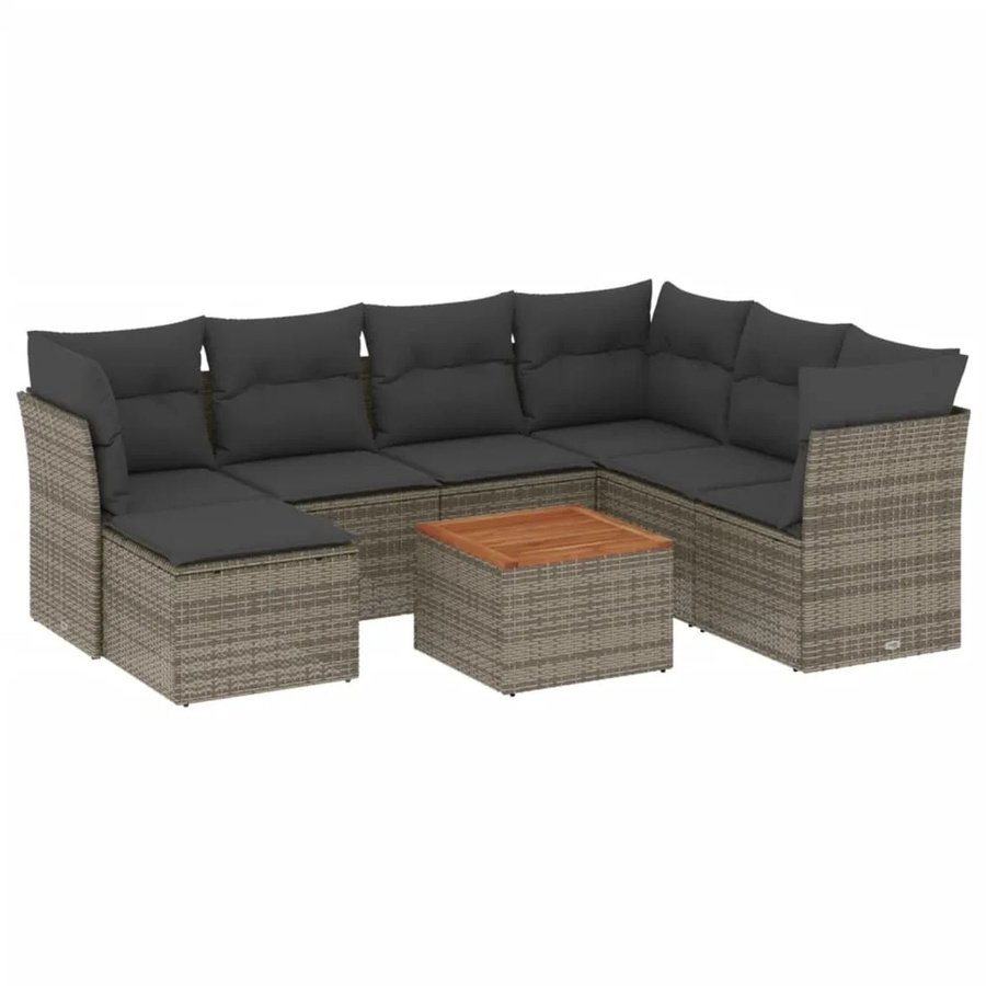 vidaXL 8-tlg Garten-Sofagarnitur L-Shape aus Polyrattan in Grau mit Kissen und Akazienholz - Bild 2