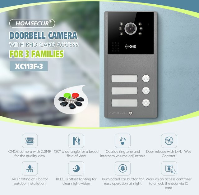 HOMSECUR Tuya Smart WIFI Video-Türsprechanlage Intercom Set mit XC113F-3 HD Türklingel Kamera IP65 und 5 IC 13,56 MHz Keyfobs in Grau - Bild 1