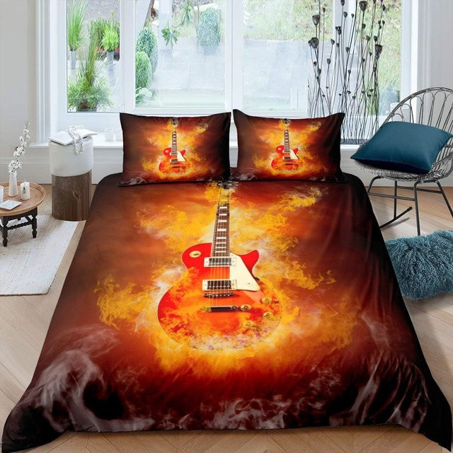 Gitarren-Bettwäscheset für Einzelbetten mit modernem Musik-Design, 3-teiliges Bettbezug-Set, Breite: 140 cm, Länge: 210 cm - Bild 1
