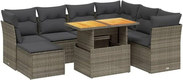 vidaXL 8-tlg. Garten-Sofagarnitur in L-Form aus Polyrattan mit Kissen und Couchtisch, Grau - Bild 1