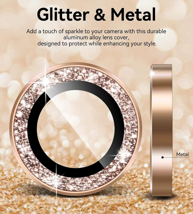 Kameraobjektivschutz Set für Apple iPhone 17-11 Pro Max mit Glitzer-Metallrand aus gehärtetem 9H HD Glas in Wüstentitan-Gold - Bild 3