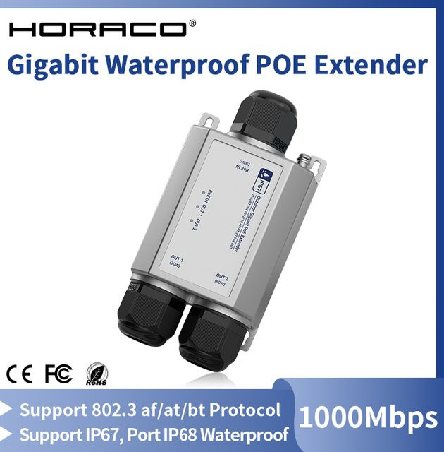 HORACO 3-Port Gigabit PoE Extender für den Außenbereich, IP67 wasserdichter PoE-Repeater, IEEE802.3af/at/bt, 48 V, 120 W - Bild 1
