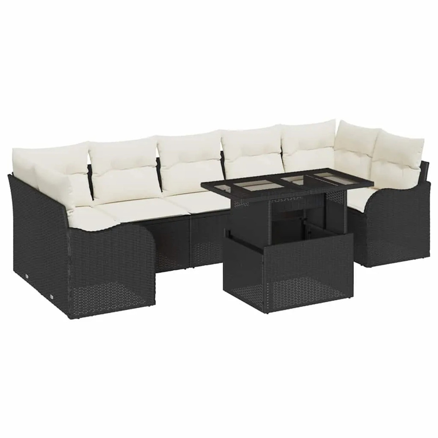 vidaXL Garten-Sofa-Set 8-teilig in L-Form mit Kissen, Schwarz und Beige, Poly-Rattan und Metallgestell - Bild 2