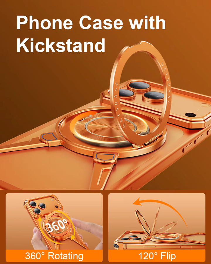 Oatsbasf Metall-Handyhülle für iPhone 17 Pro Max in Orange mit 360-Grad-Schutz und drehbarem Ringständer - Bild 3