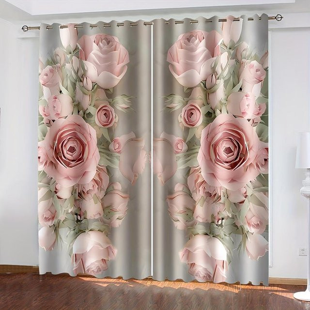 2er-Set dekorative Vorhänge mit goldenem Rosenblumen-Print, halbtransparent, Farbe: Gold und Pink, B/H: 100 x 130 cm - Bild 1