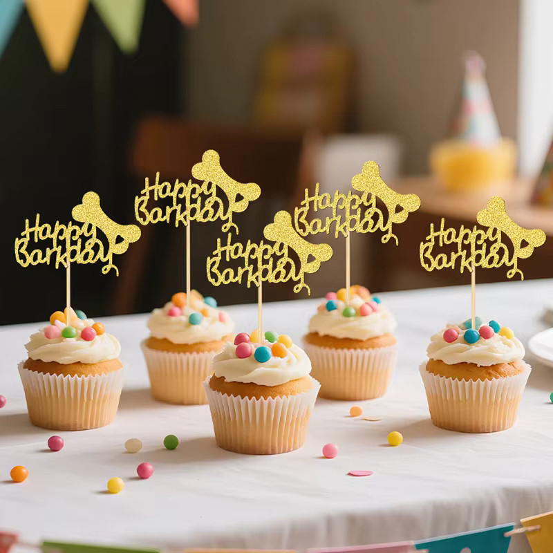 YOMDID 24 Stück glitzernde Cupcake-Topper Hundeburtstag Gold mit Happy Barkday und Bone Motiven - Bild 3