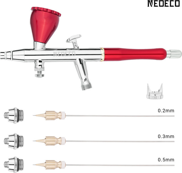 Neoeco Dual Action Airbrush Kit in Rot mit 0,2 mm, 0,3 mm und 0,5 mm Düsen und Nadeln, quadratischer Auslöser und abgewinkeltem Gehäuse für Hobby und Kunst - Bild 1