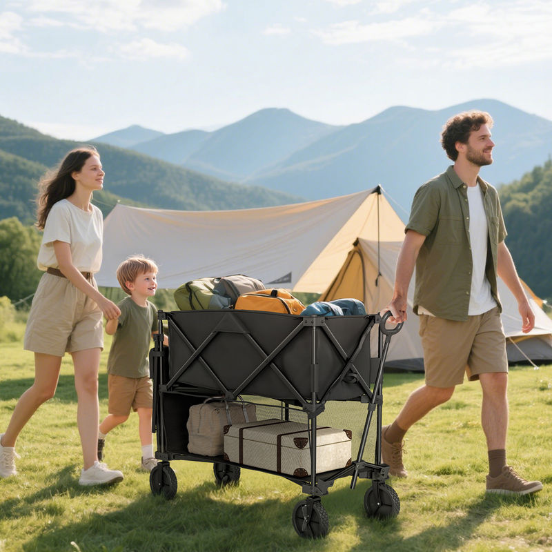 Outsunny Gartenwagen Schwarz mit herausnehmbarer Plane, belastbar bis 200 kg, klappbarer Bollerwagen, H x B x L: 102 x 50 x 142 cm - Bild 2