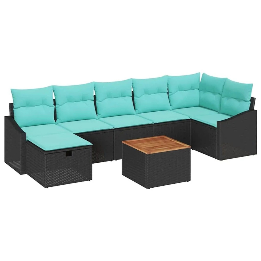 vidaXL Gartensofa-Set aus Poly-Rattan und Akazienholz in Schwarz, 8-teiliges L-Shape Lounge-Set mit Kissen und Stauraum - Bild 2