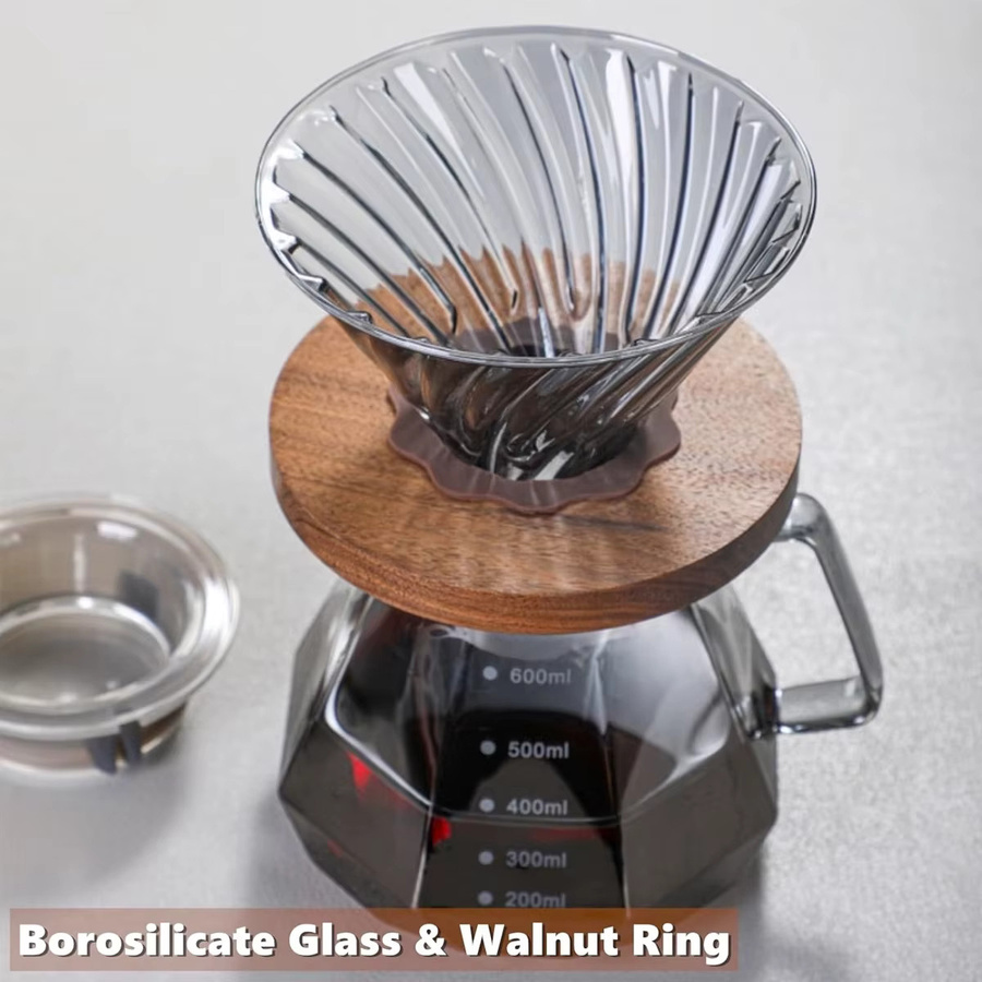 Leeseph Pour Over Kaffeemaschine mit Walnussgriff und Glasdeckel, transparente Glas-Kaffeekanne für Zuhause, Café und Camping - Bild 1