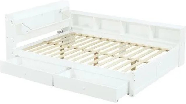 KOMHTOM Doppelbett Weiß mit Kopfteil, Stauraum, 2 Lampen, Steckdose und seitlichen Schränken, B/T/H: 140 x 200 x 80 cm