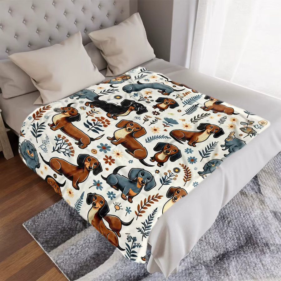 Gemütliche Decke mit Dackel-Blumenmuster in Beige und verschiedenen Farben - Bild 4