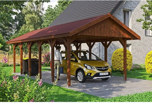 Skan Holz Carport Wallgau Satteldach aus Nadelholz in Nussbaum Braun mit Dachschindeln B: 430 cm, T: 900 cm, H: 326 cm - Bild 1