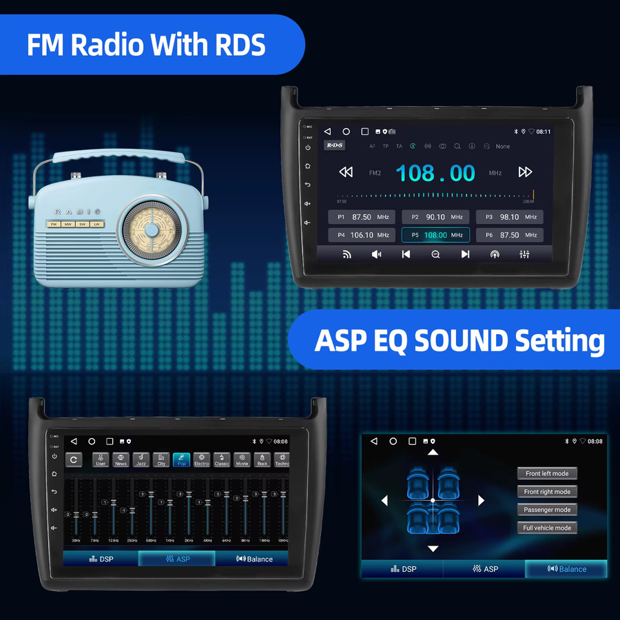 ESSGOO Android 15 Autoradio mit 9 Zoll Display, 4+64G, Wireless CarPlay, GPS, WiFi und Bluetooth für VW Polo MK5 6R 6C 11-16, Schwarz - Bild 5