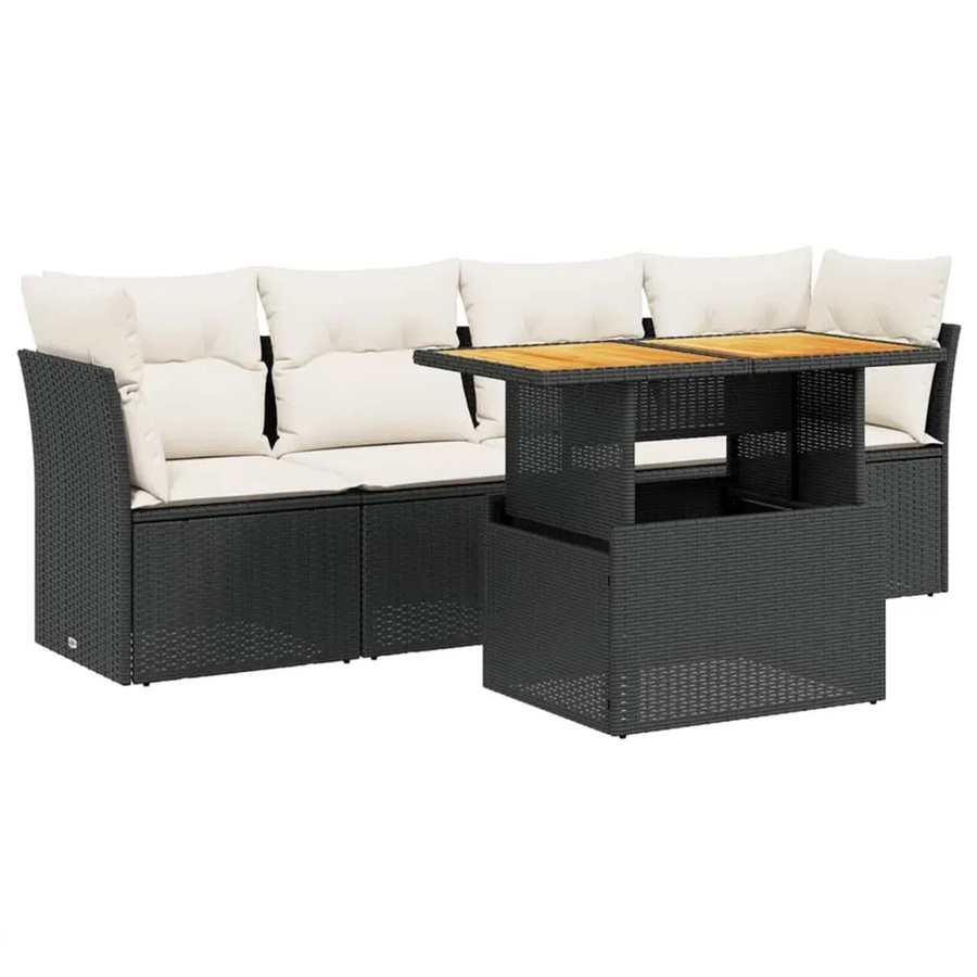 vidaXL 5-teilige Garten-Sofagarnitur mit Kissen aus Poly-Rattan und Akazienholz in Schwarz - Bild 2