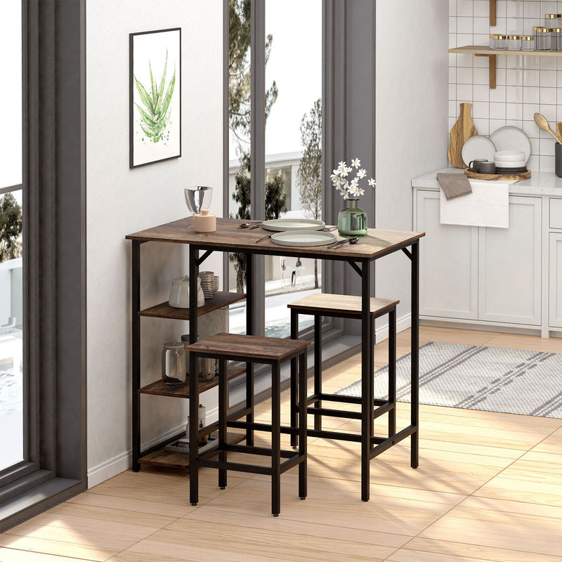 Aosom Bartisch-Set mit 2 Barhockern, 3-teiliges modernes Set mit Regalen in Rustikal Braun und Schwarz, B/T/H: 109 x 60 x 100 cm - Bild 2