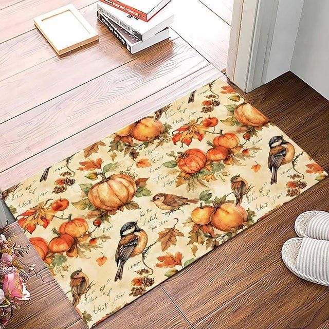 VIKAMA Herbst Fußmatte mit Kürbis, Vogel und Blatt Motiv als Anti-Rutsch Teppich für Eingang, Wohnzimmer oder Balkon - Bild 1
