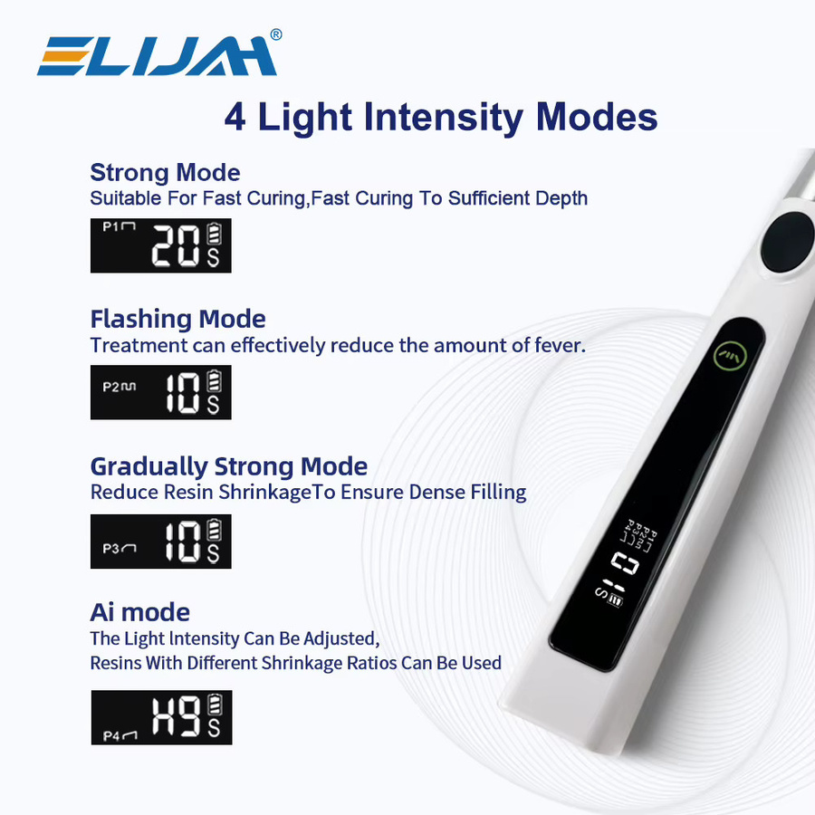 ELIJAH 1S Dental LED-Härtungslicht in Weiß mit 360° Rotation und 800–2400 mW/cm2 sowie 4 Intensitätsmodi zur Harzhärtung - Bild 2