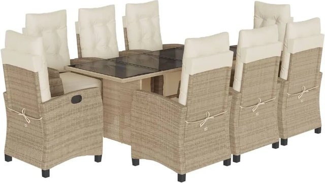vidaXL 9-tlg Garten-Essgruppe aus Poly-Rattan in Beige und Cremeweiß mit Kissen und Hartglas-Tischplatte - Bild 1