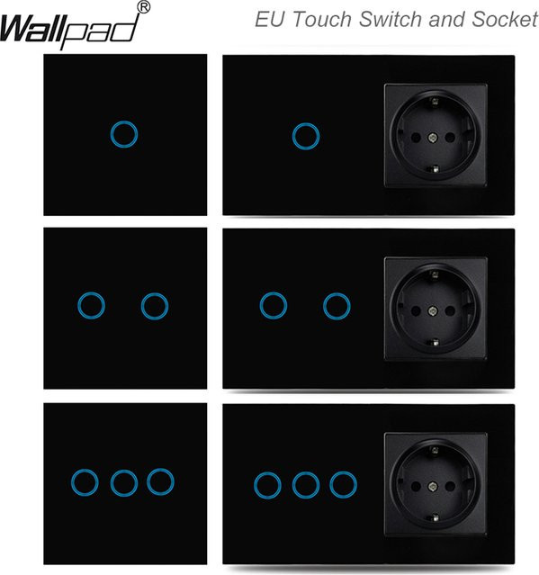 Wallpad EU Touch Wandschalter und Steckdose mit USB-Anschluss, Schwarz Glas mit LED-Hintergrundbeleuchtung - Bild 1