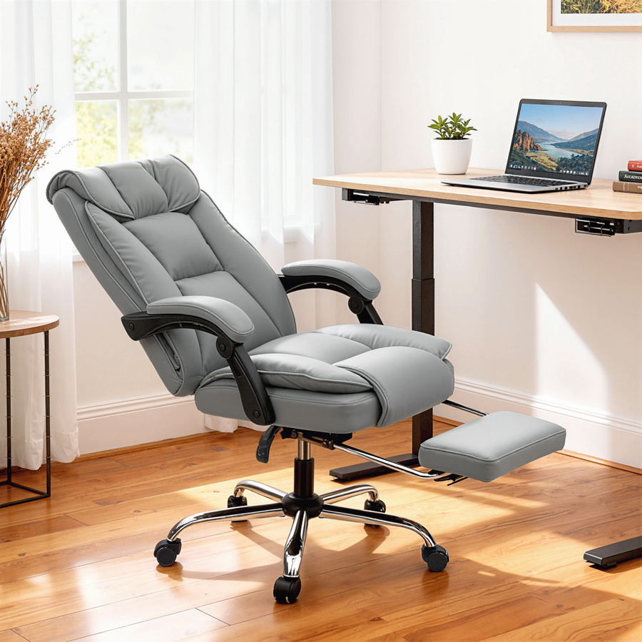 HOMCOM Ergonomischer Bürostuhl mit Fußstütze und Kopfstütze, grauer Bürosessel mit synthetischem Bezug, höhenverstellbar und 360 Grad drehbar - Bild 2
