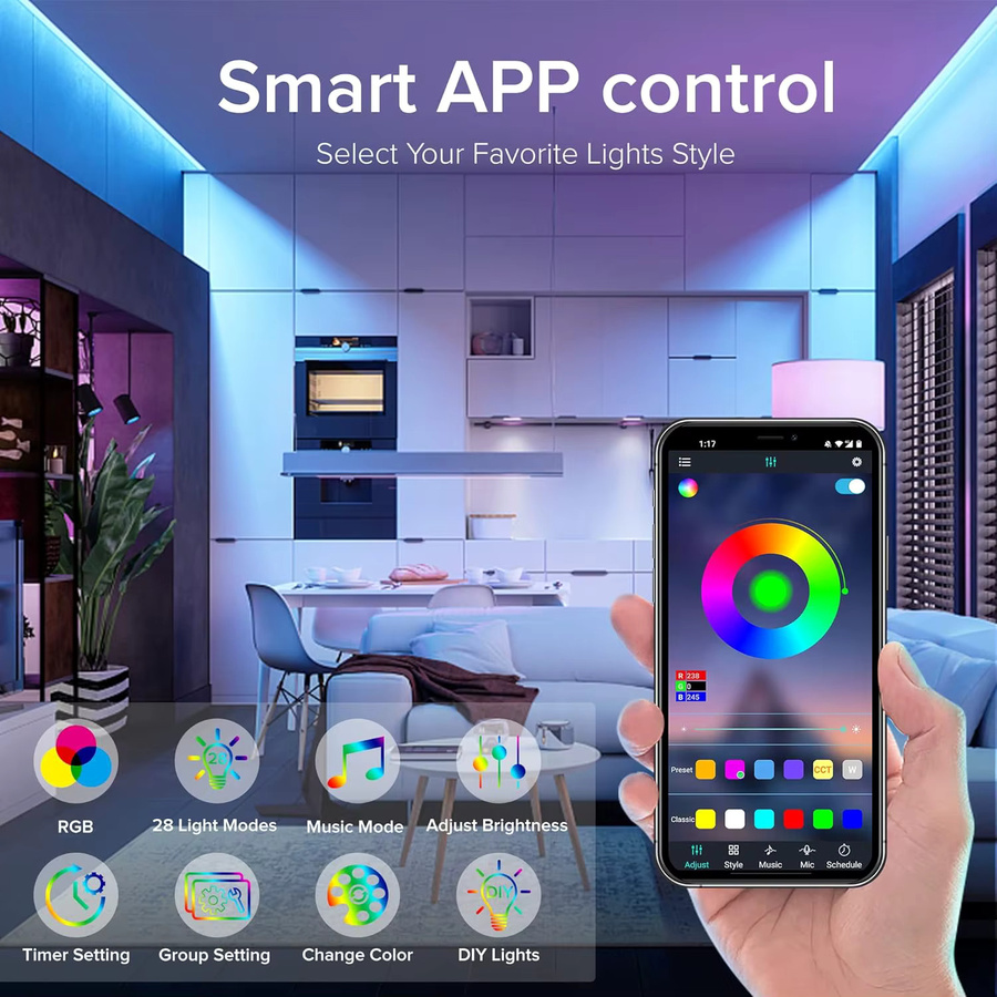 Intelligente RGB LED-Streifen mit App- und Fernbedienung, 16 Millionen Farben, Musiksynchronisierung und selbstklebender Rückseite - Bild 3