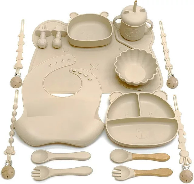 Silicones Baby-Geschirrset mit Saugnäpfen für die Beikost in Blau und Beige - Bild 1