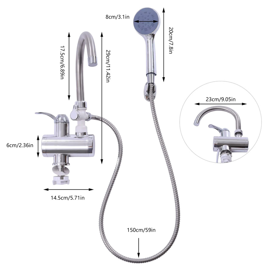 Elektrischer Wasserhahn mit LCD-Display, 3000 W, 360 Grad drehbarer Auslauf, Silber - Bild 3