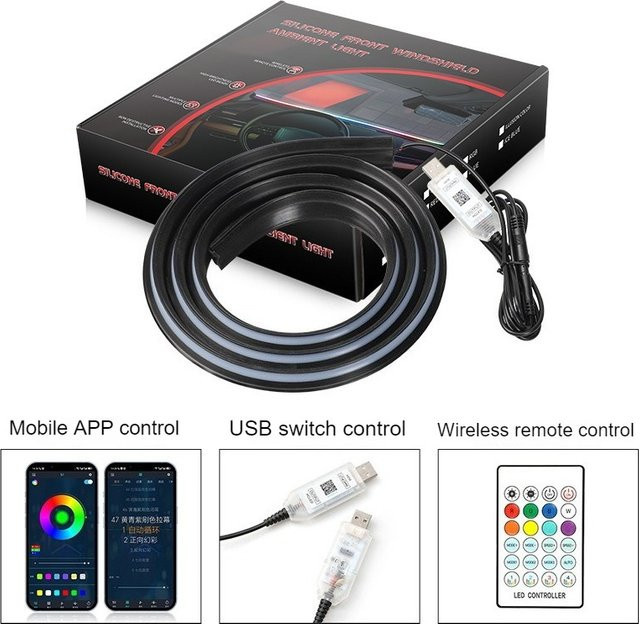 RGB LED Auto-Atmosphärenlicht mit Fernbedienung und App-Steuerung, USB Plug-and-Play Innenraumbeleuchtung für dein Auto, Schwarz, Länge: 1,5 m - Bild 1