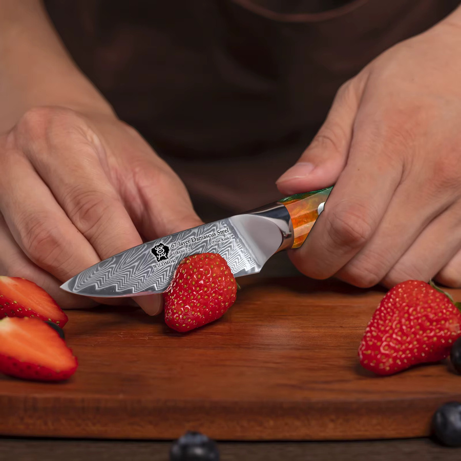 WILDMOK Damaszener Stahl Schälmesser mit orangefarbenem Harzgriff, 3,5 Zoll Paring Knife - Bild 4