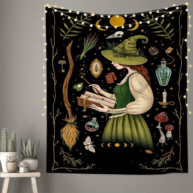 VIKAMA Fantasy-Wandteppich mit Hexen und magischen Symbolen in Schwarz, B: 75 cm, H: 58 cm - Bild 1