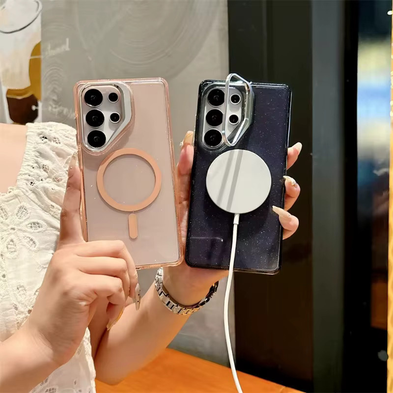Transparente MagSafe Magnetische Handyhülle mit Metall-Linsenhalterung für Samsung Galaxy S26 S25 S24 S23 S22 Ultra und FE in Weiß und Transparent - Bild 1