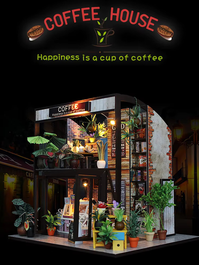 zuuton Miniatur-DIY-Puppenhaus aus Holz mit Möbeln und Werkzeug, kreatives Set Zeit des Kaffees in Natur und Mehrfarbig - Bild 5