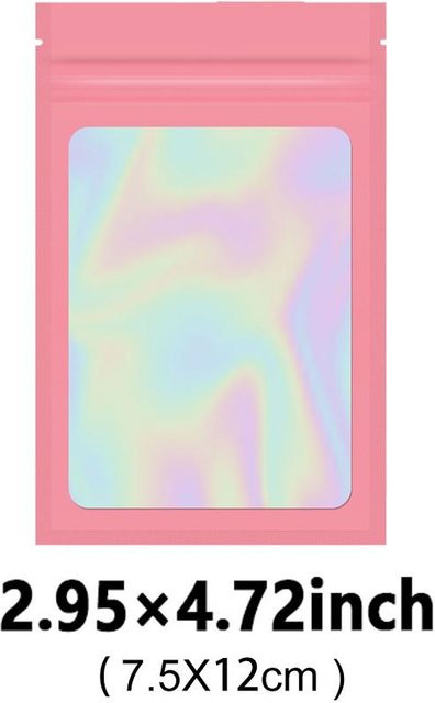 100 wiederverwendbare holografische Aufbewahrungsbeutel von Mango Event, geruchsresistente selbstklebende Beutel aus Aluminium- und Polyesterfolie mit Klarsichtfenster, Farbe: Rosa, B: 7,62 cm, H: 11,94 cm - Bild 1