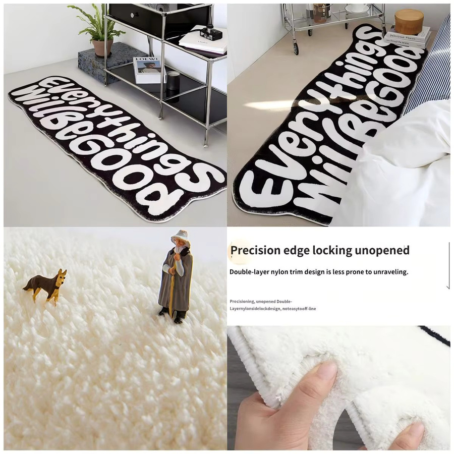 VIKAMA Streifen-Teppich in Schwarz-Weiß mit Buchstaben-Design aus Kaschmirimitat für Schlafzimmer und Flur, Breite: 120 cm - Bild 5