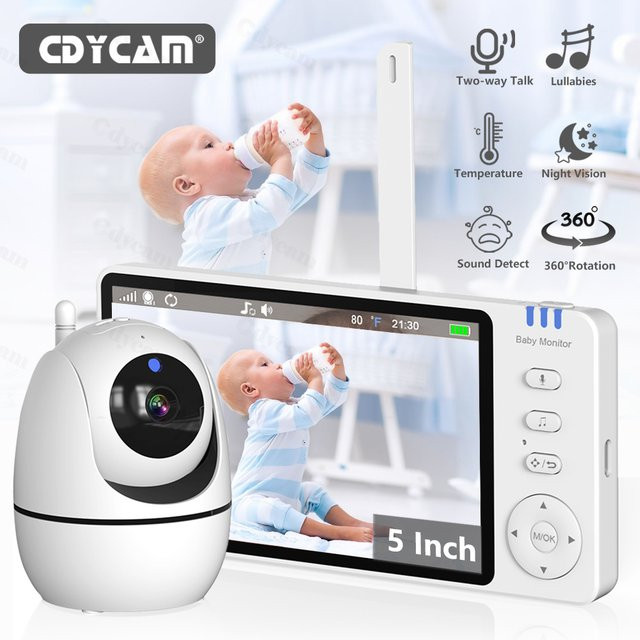 Cdycam Babyphone mit 5,0 Zoll Display, Video Nanny mit 720P HD Kamera, Nachtsicht, Temperaturanzeige und 2-Wege-Audio in Weiß - Bild 1