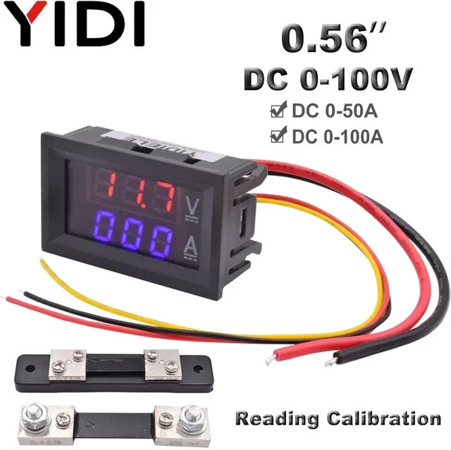 YIDIELE Digital DC Voltmeter und Amperemeter mit LED-Anzeige in Rot und Blau, Messbereich 0-100V und 0-100A inklusive Shunt - Bild 1