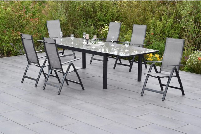 Merxx Carrara Gartenmöbel Set 7-teilig in Grau mit ausziehbarem Gartentisch und 6 Klappsesseln aus Aluminium und Sicherheitsglas B/T/H: 200 x 110 x 76 cm (ausziehbar auf 300 x 110 cm) - Bild 1