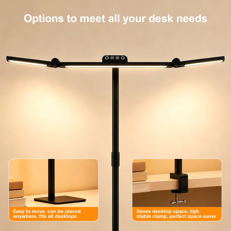Dimmbare Dreikopf-LED-Tischleuchte in Schwarz mit Sockel und Klemme, Augenschonende Schreibtischlampe mit 5 Farbmodi, Zeitschaltuhr und verstellbarem Winkel für Home-Office und Dual-Monitor-Setups - Bild 4