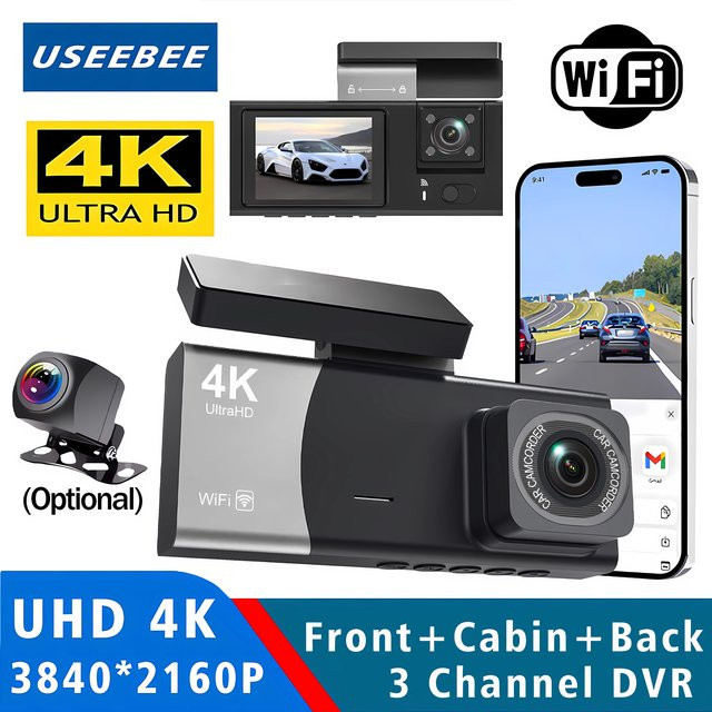 USEEBEE 3-Kanal 4K UHD Dashcam mit WiFi und App-Steuerung, Schwarz, Auto-Kamera für vorne, innen und hinten mit Nachtsicht und 24H Parkmodus - Bild 1
