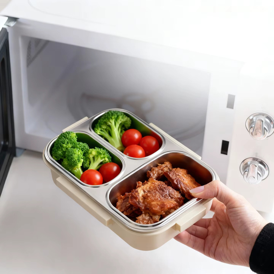 WORTHBUY Tragbarer Lunchbehälter aus Edelstahl 304 in Gelb mit 3 Fächern, auslaufsicher und mikrowellengeeignet - Bild 3