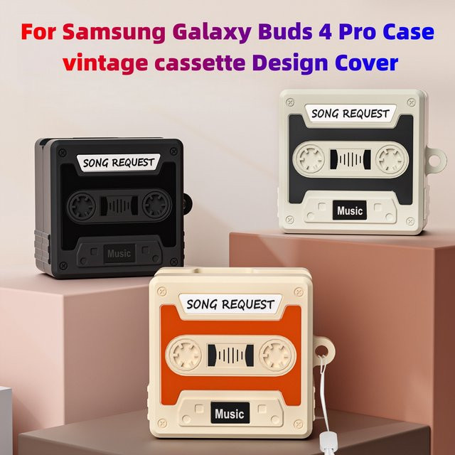 Schutzhülle für Samsung Galaxy Buds 4 Pro im Vintage-Kassetten-Design aus flüssigem Silikon, weiß/mehrfarbig - Bild 1