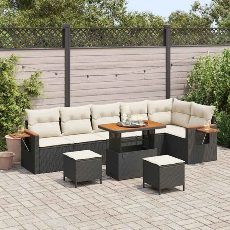 vidaxl Garten-Sofa-Set aus Poly-Rattan mit 9 Kissen in Schwarz und Beige - Bild 1