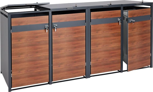MCW 4er Mülltonnenverkleidung J82 Mülltonnenbox aus Metall in Anthrazit und Kirsche-Holzoptik Dunkelbraun B/T/H: 264 x 117 x 80 cm - Bild 1