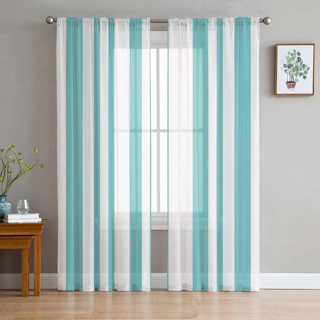 A Family Of Home Textiles Transparentes Tüll-Vorhang mit blauem Streifenmuster, B/H: 135 x 137 cm - Bild 1