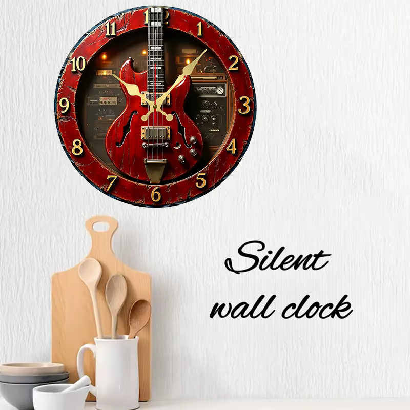 WOKLOK Runde Wanduhr aus Holz im Vintage-Gitarren-Stil, geräuschlos, Rot - Bild 3