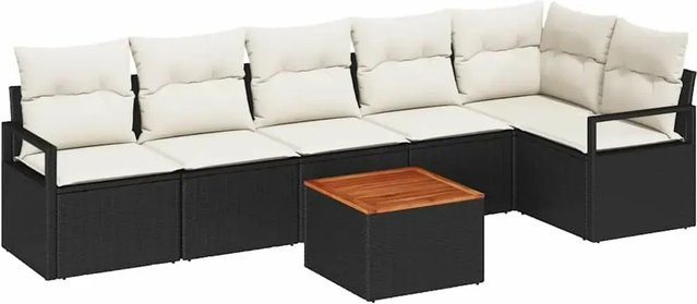 vidaXL Garten-Sofa-Set aus Poly Rattan in Schwarz mit 7-teiliger L-Form und Kissen - Bild 1