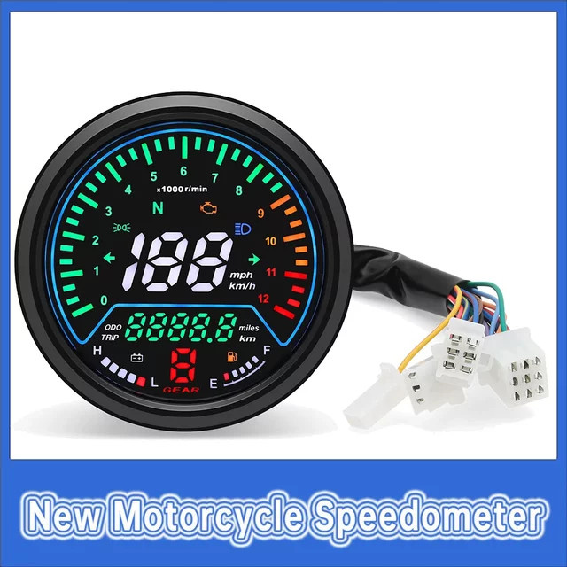 MAIMEIMI Motorrad Tachometer mit LCD-Anzeige, Kilometerzähler, Drehzahlmesser, Öl- und Temperaturanzeige sowie Lichtanzeige in Schwarz - Bild 1