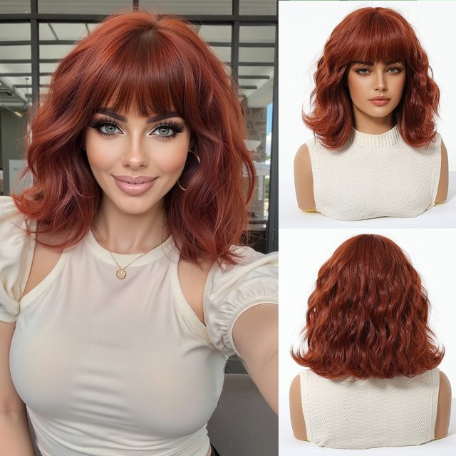 EASIHAIR Bob-Perücke, rot gewellt mit Pony, synthetisch, Damen - Bild 1